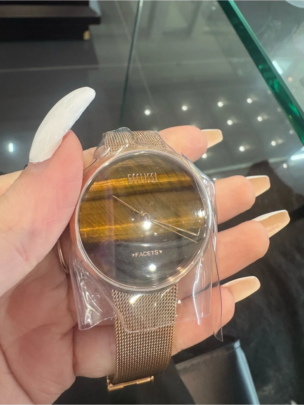 NEW Ecclissi Facets Tigers Eye Gemstone Dial rose-gold tone stainless steel